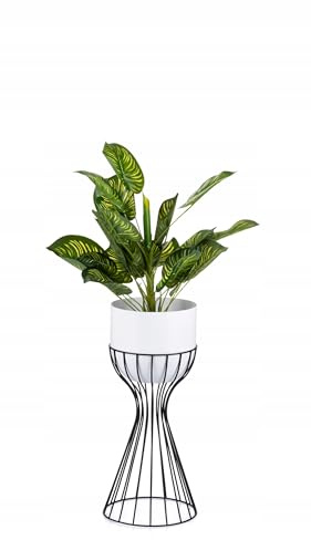 HowHomely Moderne Blumenständer Metall 46 cm Hoch mit Weiß Blumentopf Rund 18 cm Ø auf Robuste Schwarz Ständer - Pflanzenständer zur Dekoration Innenräumen