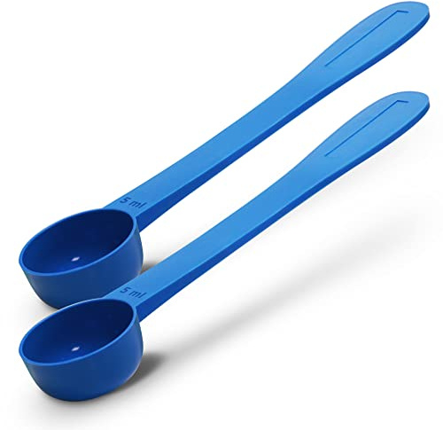 REGEN Lot de 2 cuillères doseuses réutilisables en plastique à long manche 5 ml | Idéales pour les liquides, les poudres, les granulés, la maison, la cuisine, la restauration, les soins de santé, le