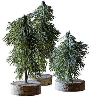 Loberon Baum 3er Set Lonzac, mit Kunstschnee, Chalet-Charakter, Festdekoration, Weihnachtsbaum, Weihnachtsdekoration, Weihnachten, Kunststoff, Birkenholz, Eisendraht, grün