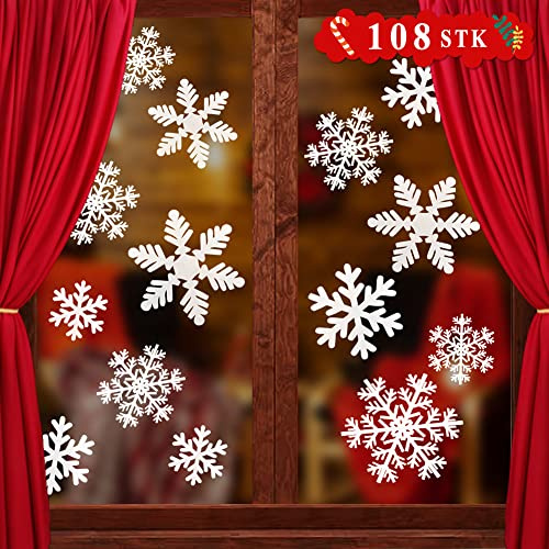 AOBETAK Schneeflocken Fensterbilder Weihnachten Statisch Weiß 108 Stück Wiederverwendbar Fensteraufkleber Fenstersticker Weihnachtsdeko Aufkleber, Fensterdeko Fensterbild