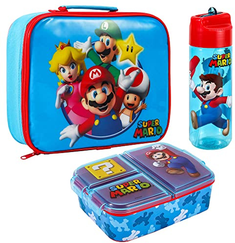 Zawadi Global Super Mario Kids Childrens Lunch Box Set – Insulated Lunch Bag, Multicompartment Lunch Box & 580ml Water Bottle - School Travel Lunch Food Set, BPA Free