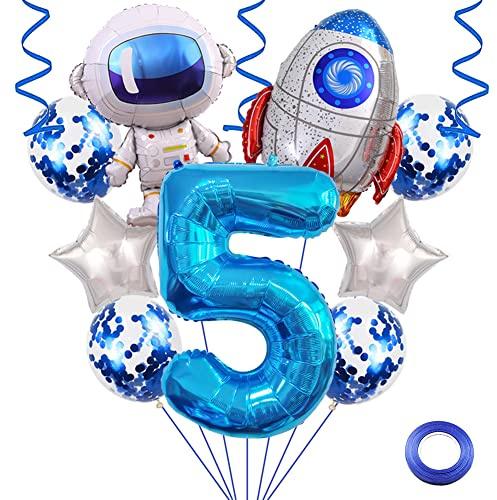 Weenkeey 5th Astronaut Rocket Birthday Balloons Outer Space Party Balloon Jumbo Spaceman Foil Balloons 32 Inch Blue Number 5 Helium Balloon Star Mylar Balloon for Birthday Party Decoration
