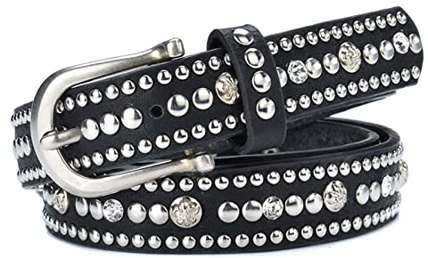 Nietengürtel Metall Punk Rock Nietengürtel Silber Nieten Goth Gürtel mit Pyramidennieten für Frauen, 25 mm breit, Zubehör für Jeanshosen,Schwarz,100cm/waist:32~34