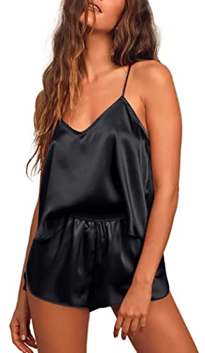 Ekouaer Conjunto de Pijama de Seda para Mujer, Conjunto de lencería de satén, Negro A, S