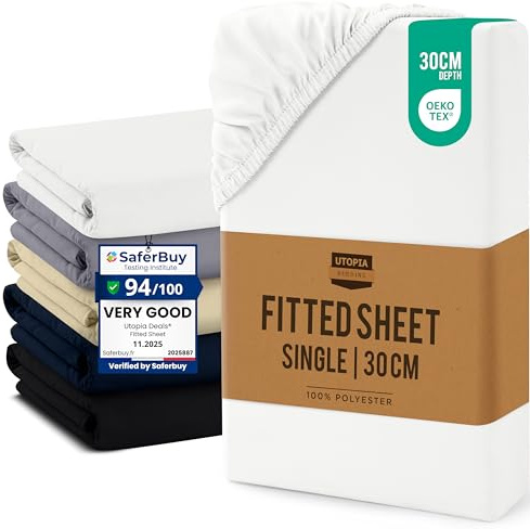 Utopia Bedding Fitted Sheet Single, White | Up to 12 Inch (30cm) Deep, Soft Brushed Microfibre Fabric, Shrinkage and Fade Resistant, Oeko-Tex Certified, Bottom Sheet