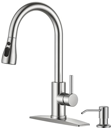 FORIOUS Kitchen Faucet with Soap Dispenser, Brushed Nickel, Single Handle Stainless Steel Transitional Sink Faucet with Pull Down Sprayer 1 or 3 Hole, Suitable for Farmhouse Laundry Camper RV Bar