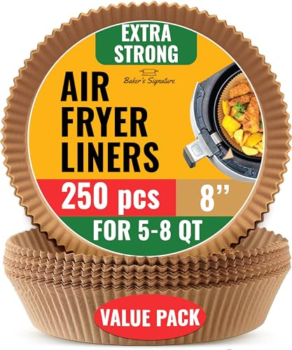 Airfryer Backpapier 250 Stück, 20,3 cm Rund, für Heißluftfritteuse | Ungebleichte Pergamentpapier-Einlagen für 5-8 qt Körbe; Einweg für müheloses Aufräumen; auch für Ofen und Pfannen