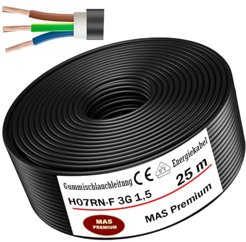 MAS Premium 5-100m Gummischlauchleitung Energiekabel Baustellenkabel H07RN-F 3G 1, 3G 1,5, 3G 2,5, 3G 4, 3G 6, 3G 10 oder 3x 1,5 Flexibel Leitung für schweren Geräten (H07RN-F 3G1,5 mm², 25m)