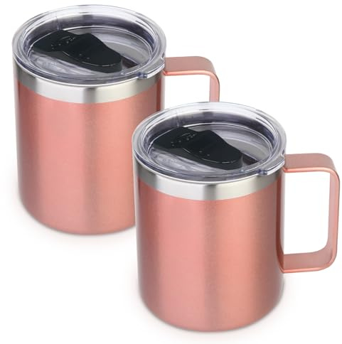 Volhoply 410 ml isolerad rostfritt stål kaffemugg med läcksäckt lock, 2-pack, dubbelväggsvakuum reskaffemugg med handtag, campingmugg håller varm/kall (Roséguld, 2)