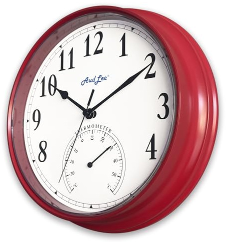 AudLee Orologio da parete impermeabile da 25,2 cm, per interni ed esterni, con termometro a batteria, orologio rotondo decorativo per giardino/casa, movimento spazzata (rosso)