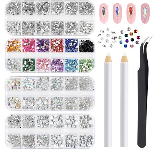 VMUTGA 4300 Pièces Strass Ongle pour Nail Art, 6 Tailles Strass Diamants Gems à Dos Plat Rond Cristal Nail Charmes Accessoires avec Pincette Pick Up pour Décoration de Ongles Visage Vêtements