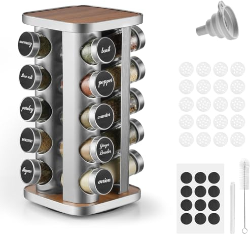 Moreau Gewürzregal Stehend Edelstahl,Gewürze Organizer Um 360 ° Drehbar,Gewürzregal Stehend Metall Mit 20 Gewürzgläsern À 100 Ml,Gewürze Set Mit Trichter,Etikett,Stift Und Reinigungsbürste