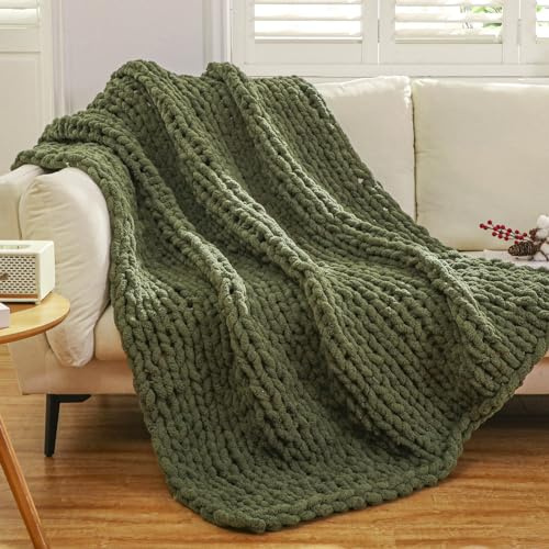 WESHIONGOO Grobstrickdecke, Überwurf, 127 x 152 cm, gestrickte Überwurfdecken für Couch, Bett, flauschig, weiche Decke mit Jumbo-Chenille-Garn, dick, 100% handgefertigt, Olivgrün