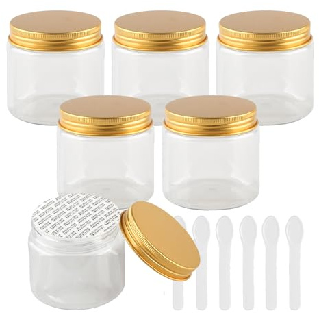 PQPAUTY 6 Stück Kleine 200 ml Transparent Kunststoff Leere Cremedose Dose mit Gold Deckel 200 g Leerdose Schraubdose Blechdosen Kosmetische Behälter Tiegel, 6 Stück Spatel