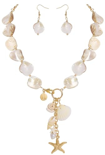 Coiris Natural Seashell Choker Necklaces Earrings Jewelry Set for Women Starfish Shell Freshwater Pearl Collar Necklaces for Women Irregular Mother of Pearl Jewelry Set(ST0023-Nature)
