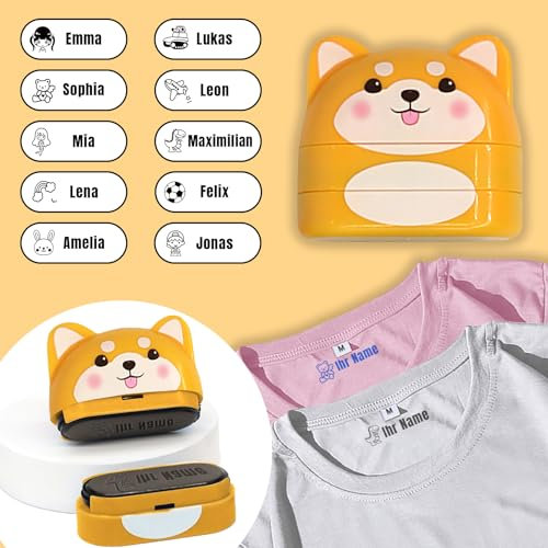 Namensstempel Kinder Textil Stempel Personalisiert Textilstempel Waschmaschinenfest Doppellagige Namensstempel für Kleidung, Verschiedene Cartoon-Muster, Schwarze und blaue Tinte (Welpe)