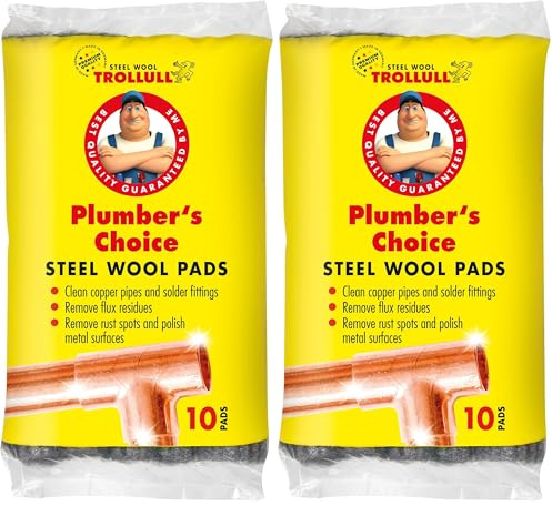 TROLLULL Steel Wool | Wire Wool Plumber’s Choice, clean copper pipes and fittings, brass and aluminium surfaces, removes surface rust, 10 pads (Pack of 2)