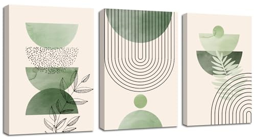 3Pcs Boho Blätter Leinwandbilder Bilder Set mit Rahmen, Aesthetic Grüne Pflanze Bilder Moderne Wandbilder Schlafzimmer Bild Auf Leinwand Kunstdruck Deko für Wohnzimmer fertig zum Aufhängen 40x60cmx3