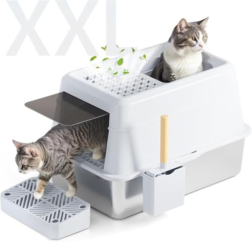 FRETONBA Katzenklo Edelstahl XXL, Katzentoilette 26L Groß Kapazität, Katzentoiletten Hochwandig, Auslaufsicher und Leicht zu Reinigen, Cat Litter Box mit Deckel, Pedal, Schaufel, Weiß