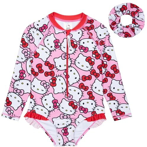 Hello Kitty Bañador Manga Larga Niña Traje de Baño Natación con Coletero a Juego (4-5 Años, Rosa)