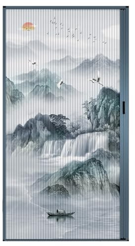 ZIMGOD Schiebetür Ohne Bohren Chinesischer Stil, Traditionelle Falttür im Akkordeon-Stil, Rahmen aus Aluminiumlegierung und Vliesplatte, Innentür als Trenntür für Schränke (33x80in (84x203cm))