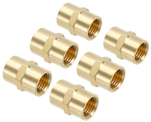 PATIKIL 1/4 x 1/4 Brass NPT Coupler, 6 Pack Female Hex Head Pipe Fitting Coupling for Home Plumbing Pipes Shower Head Bases Coupling, Gold