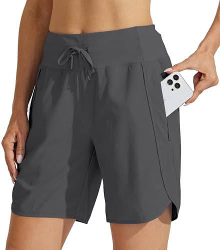 WILLIT 17,8 cm (5 tum) sportshorts för kvinnor, långa sportshorts, träning, vandring, löpning, snabbtorkande, hög midja, aktiva shorts med dragkedja, Mörkgrå, 3XL