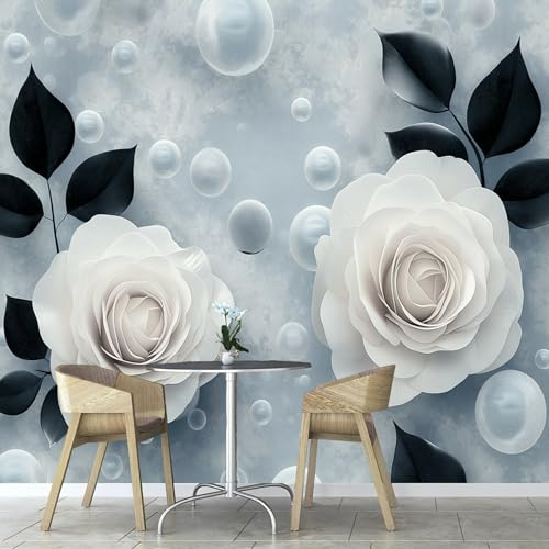 Fotomural Rosa Blanca Hojas Negras Fotomurales Pared, 350×256cm Papel Pintado 3D, Flores Moderna Decoración Pared Sala Cuarto Oficina Salón