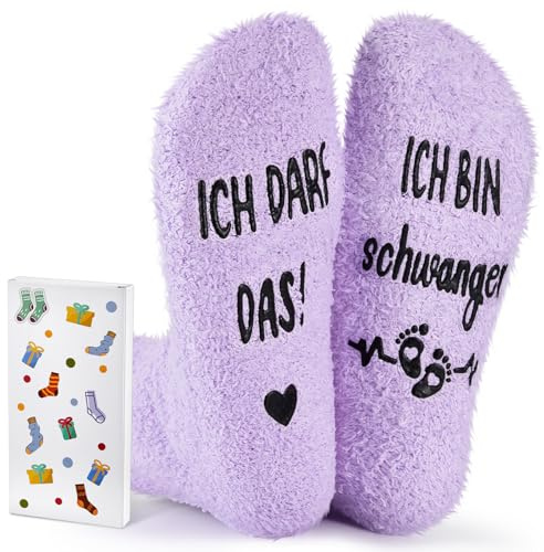 Jadive Chaussettes Cadeaux de Grossesse ICH BIN SCHWANGER Cadeau Future Maman Cadeaux Amusants pour Futures Mamans Femmes Enceintes Annoncer une Grossesse Noël(Violet Clair,Toison de Corail)