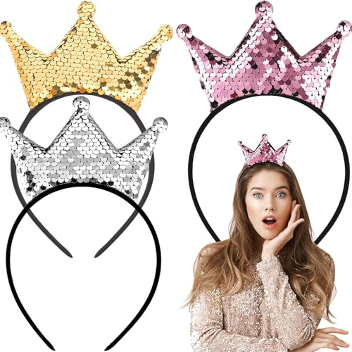 Diadema de Corona de Lentejuelas,3 Piezas Diademas Brillantes Tocados de Cumpleaños Coronas de Princesa Coronas de Reina Diadema de Corona para Cumpleaños de Niñas,Fiestas de Carnaval （Oro,Gris,Rosa）