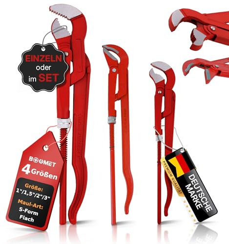 BOOMET Rohrzange 3er Set S-Maul + Gerade · S 1 Zoll, 1,5 Zoll, 2 Zoll · Eckrohrzange · Set und Einzeln · 45 Grad abgewinkelte Wasserpumpenzange · Zangenschlüssel Wasserrohrzange Armaturenzange gross