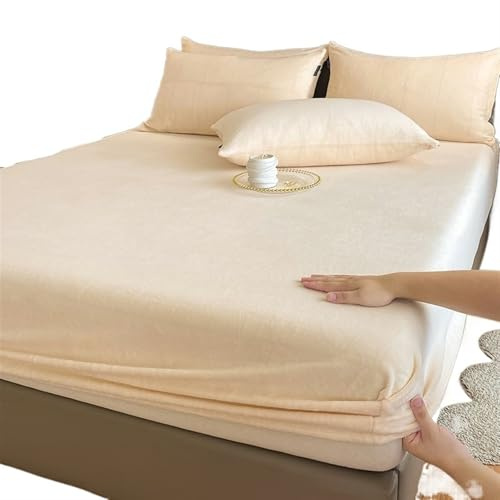 Drap Housse Flanelle Drap-housse élastique chaud et épais en flanelle de couleur unie, housse de matelas d'hiver réglable, linge de lit en velours, tailles 90/160/180/200 Drap Housse(Cream,140x190x25c