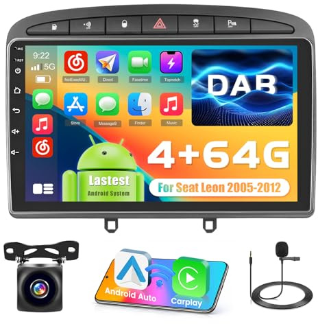 Inefala 4+64G Radio para Peugeot 308 408 2007-2016 Android 15 con Wireless Carplay y Android Auto, 9'' Pantalla Táctil Estéreo Radio con Dab Bluetooth 59UI HiFi GPS FM/RDS SWC AHD Cámara Inversa