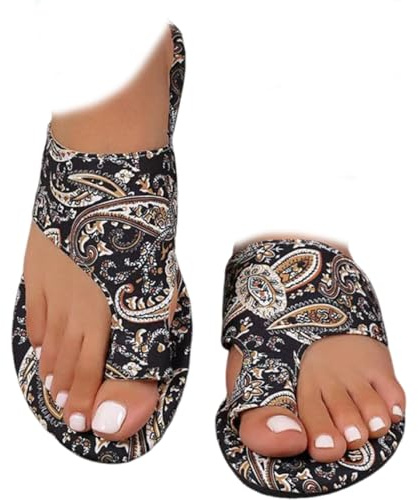 Nbzsmlkn Leichte, orthopädische, flache Sandalen für Damen, bequeme Strandsandale mit Fußgewölbeunterstützung und Zehenring (Schwarz,38)