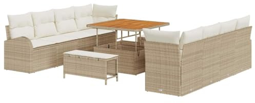 vidaXL 11-teiliges Garten-Sofa-Set mit Kissen in Beige aus Poly Rattan und Akazie. Perfekt für Terrasse und Balkon. Wetterfest und modulares Lounge-Set für entspannte Momente.