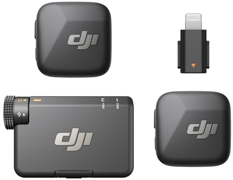 DJI Mic Mini (2 Sender + 1 Empfänger + Lightning-Adapter) für iPhone, Android & Kameras, Ultraleicht, detailreicher Ton, Geräuschunterdrückung, automatische Pegelbegrenzung, Funkmikrofon für Vlogging