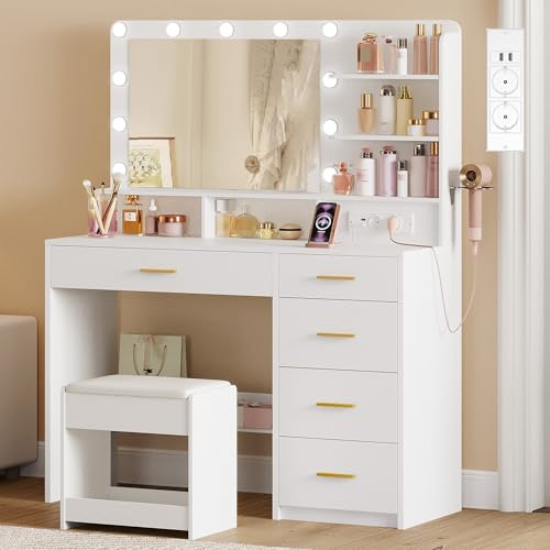 Hzuaneri Postazione Trucco con 10 Luce Led, 3 Colori, Toeletta Trucco con Spina E Grande Specchio, Sgabello E Supporto Per Asciugacapelli, Tavolino Da Toilette A Più Cassetti, Bianco DT42903XEU