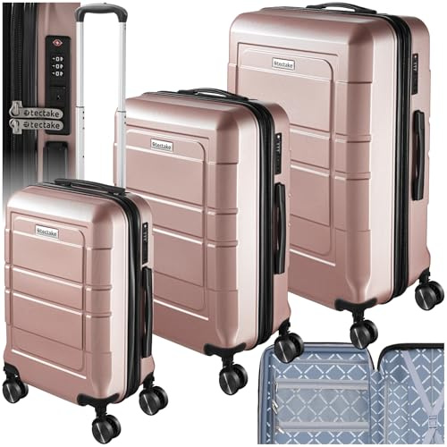 tectake® Juego de Maletas Apilables, 3 Piezas, Plástico ABS Resistente, Maletas de Viaje con Ruedas Giratorias 360°, Maleta Cabina, Maleta Mediana, Maleta Grande, TSA - Oro Rosa