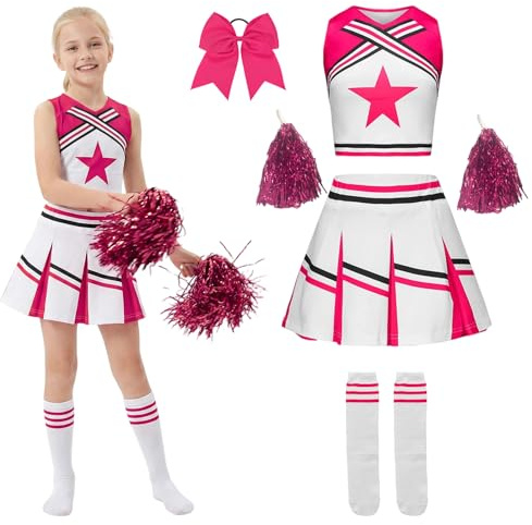 Moerstar Déguisement Pompom Girl Fille, Costume Pompom Girl Carnaval Enfant avec Pompons Chaussettes Nœud Papillon Cheveux, Déguisement Carnaval Fille pour Mascarade Cosplay
