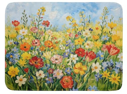 Spring Summer Floral Dish Drying Mat for Kitchen Counter 18x24 Green Yellow Blue Flower Wildflower Print Absorbent Reversible Microfiber Drying Mats Kitchen Countertop Protector Dishes Drainer Pad