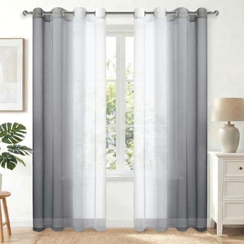 Hiasan Gardinen mit Ösen Vorhänge Farbverlauf Halbtransparent Wohnzimmer | Grau 140x225cm 2er Set, Ösenvorhang Gardine Vorhang aus Voile, sanftes Licht moderne Dekoschal für Schlafzimmer