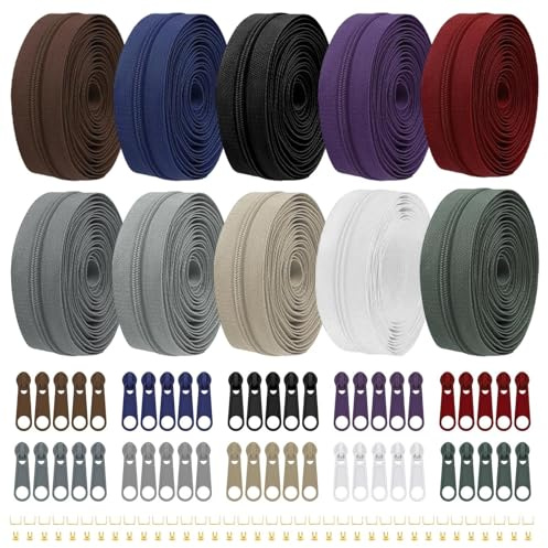 Dwitkul Juego de Cremalleras de Nailon por Metro 30 m 10 Colores Continua con Cremallera con Deslizador y Cremallera Divisible de Nailon de 2.6 cm para Costura Manualidades Ropa y Bolsos (Oscuros)