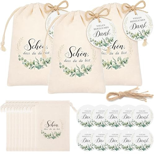 Kvaznix 10 Stück Schön Dass Du Da Bist Gastgeschenke Geschenktüten Stoffbeutel mit Kordelzug 10x15cm Mitgebsel Stoffbeutel für Hochzeit Geburtstagsparty Gastgeschenke