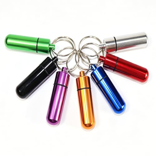 7 Pillendose Schlüsselanhänger Wasserdicht Aluminium Pillenbox 7 Farben | Unterwegs Medikamentenbox, Mini Tablettendose, Anschrauben Rucksack, Reisen Camping Outdoor, Dose, Box, Unterwegs, Mini