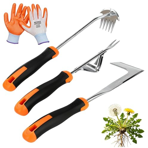 VIBINNO 3 Pcs Weed Remover Tool Set for Garden, Gardening Tools Set with Rubber Handle, Weed Tool, Crevice Weeding Tool, L Shape Gardening Crack Sickle for Yard and Garden