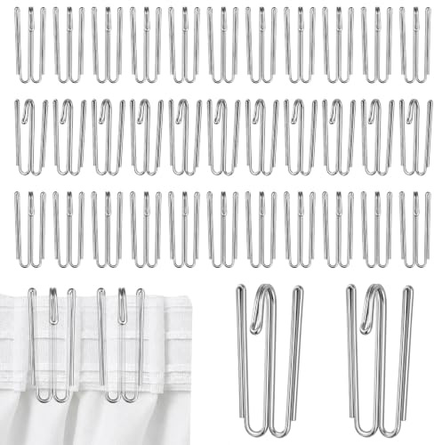 50 Stück Gardinenhaken Metall, Edelstahl Faltenhaken, (Silber) | Vorhang Haken mit 4 Zinken, Curtain Hooks für Gardinen, Vorhangringe und Schienen