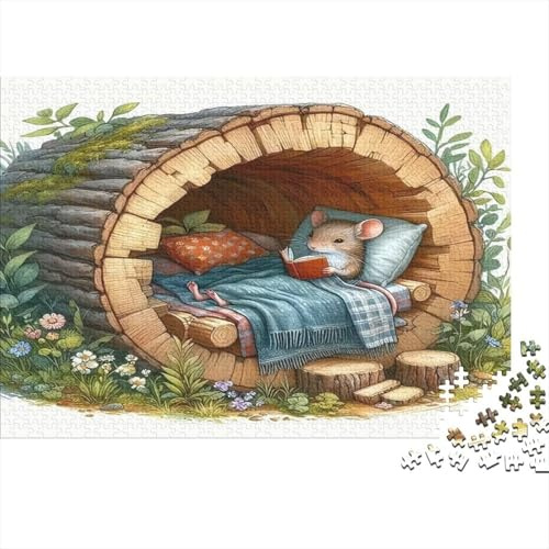 Cute Mouse in Log House 1000 Piece Jigsaw Puzzle Paper for Adults Fairy Tale Illustration Relaxing Focus Family Fun Home Decor Gift 38x26cm/1000pcs