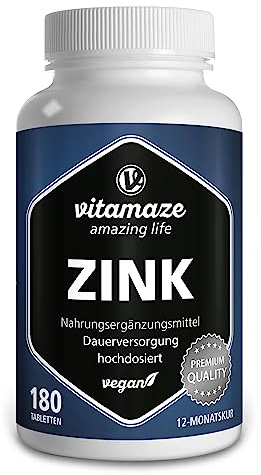 Zink Tabletten hochdosiert, 25 mg je Tagesdosis, 50 mg pro veganer Tablette für 12 Monate, Natürliches Nahrungsergänzungsmittel ohne Zusatzstoffe, Made in Germany