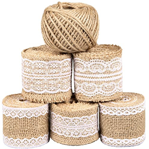 Whaline 11 Yards/ 396 Inches Natural Burlap Ribbon Rolls with Lace and 130 Feet Jute Twine for DIY Handmade Wedding Party Crafts Lace Linen