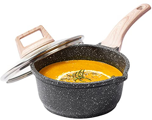CAROTE Saucepan with Lid,Nonstick Milk Pan for Induction, Gas and Electric Hobs, Small Cooking Pot with Pour Spout (18cm, Classic Granite)